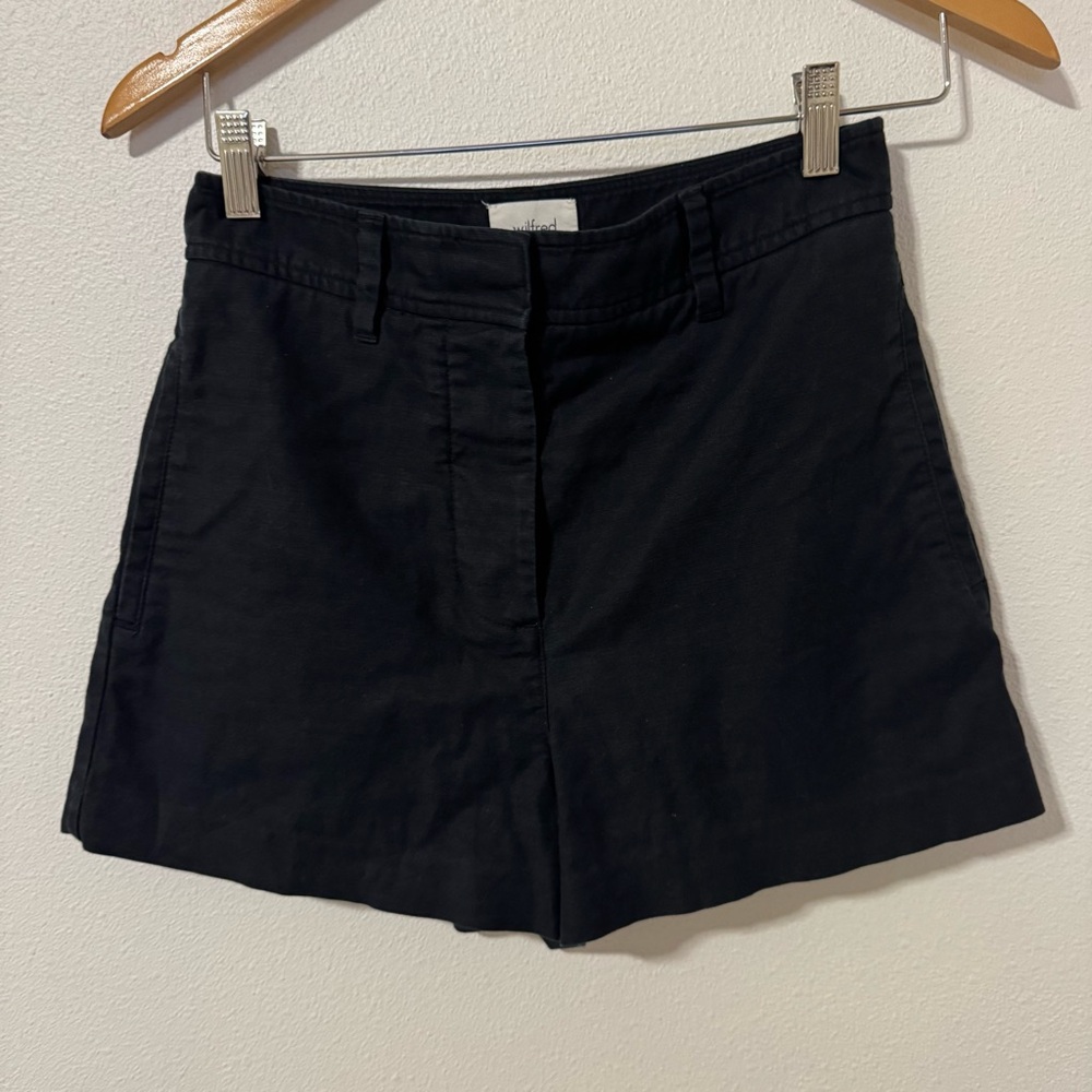 Aritzia Wilfred Linen Shorts Black High Rise Flat Front Pockets Lagenlook-4